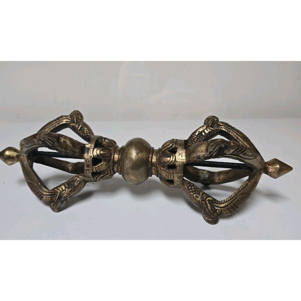 Antique Brass Tibetan Buddhist 5 pronged Vajra/Dorje 13" - Picture 16 of 16